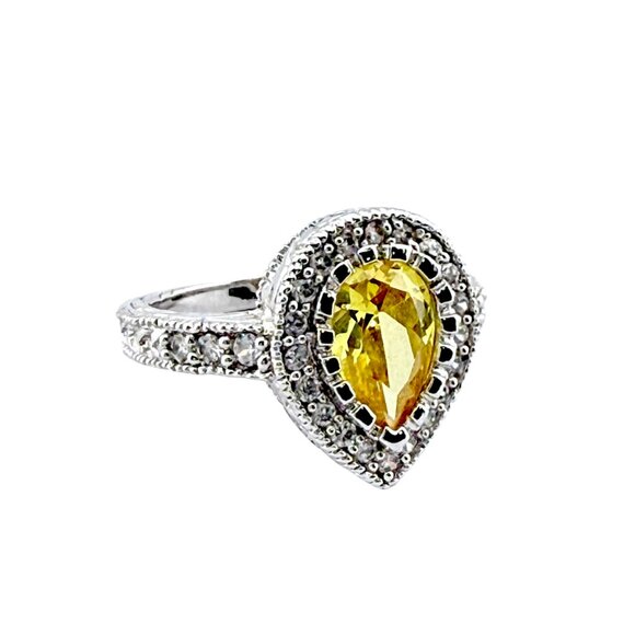 Sterling Silver Lemon Yellow Crystal Ring • Size 6.5 • Teardrop Halo • 925 - Picture 3 of 10